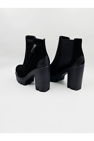 Impero Kadın Siyah Hakiki Deri Lastikli Yüksek Kalın Topuklu Bot