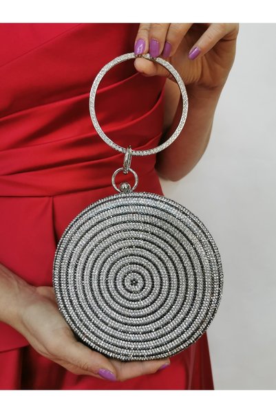 NAZART Women's Evening Dress Clutch Portfolio Bag with Round Silver Stone Bracelet Accessories