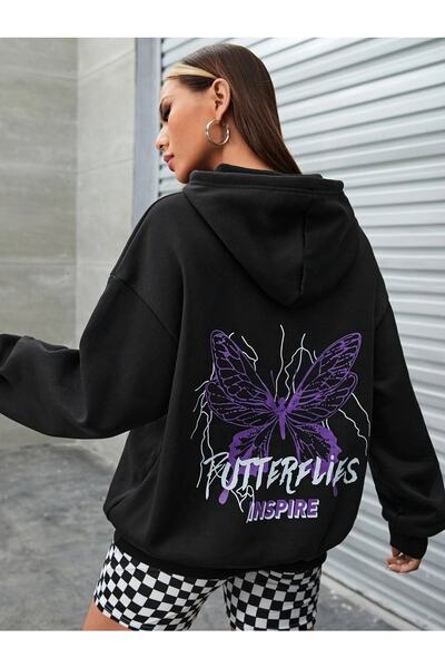 Trend Sizde Hanorac cu glugă cu imprimeu unisex Black Butterflies Inspire
