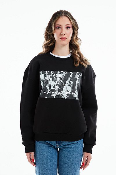 Eazy Co Hanorac gros unisex negru cu gât crew oversize Eazy Cinema