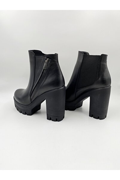 Impero Kadın Siyah  Hakiki Deri Lastikli Yüksek Kalın Topuklu Bot