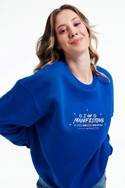Eazy Co Eazy Manifest Oversize Unisex Saks Μπλε Ποδηλατικό Φούτερ με χοντρό λαιμό