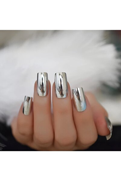 Mona Lady 12'li Silver Gümüş Gri Takma Tırnak Yapıştırıcı Hediyeli-kısa-252-1