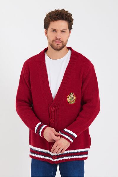 Tarz Cool Men's Claret Red Embroidered Buttoned Knitwear Cardigan-trz3451r02xl