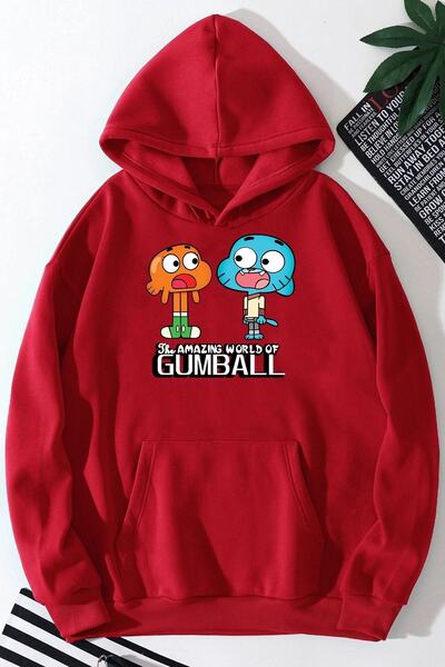 Trend Sizde Hanorac roșu unisex cu imprimeu The Amazing World of Gumball