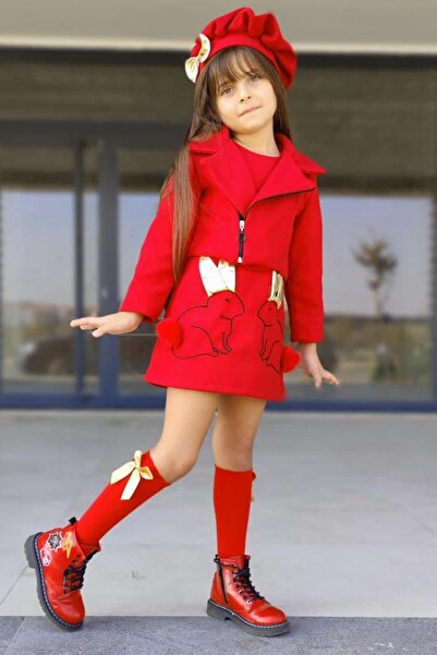 Riccotarz Girl's Front Zipper Jacket Rabbit Embroidered Red Dress