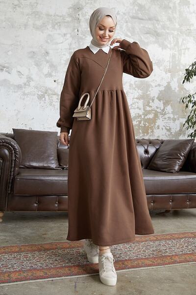 InStyle Elenor Balon Kol Tesettür Elbise - Kahverengi