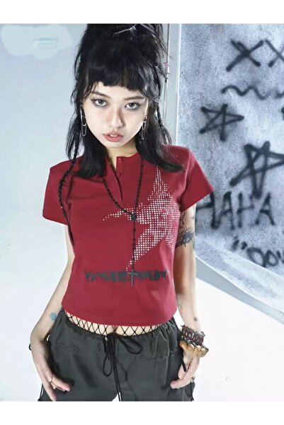 Köstebek Grunge Punk Streetwear Femme Star Punk Crop Tişört