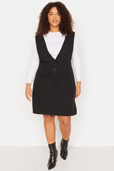 Trendyol Curve V-Neck Black Tweed Plus Size Mini Dress - TBBAW23AH00193