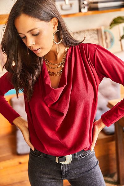 Olalook Women's Claret Red Shoulder Pleated Collar Casual Knitted Blouse BLZ-19001760