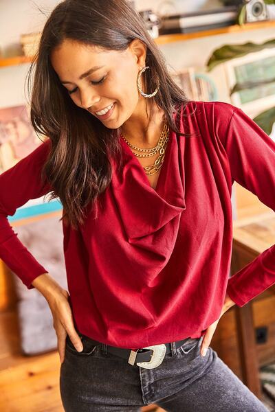 Olalook Kadın Bordo Omuzu Pileli Degaje Yaka Salaş Örme Bluz BLZ-19001760