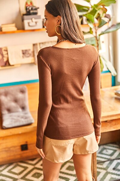 Olalook Dámska košieľka s trpkým hnedým golierom s čipkovaným výstrihom do V, pletená blúzka BLZ-19001713