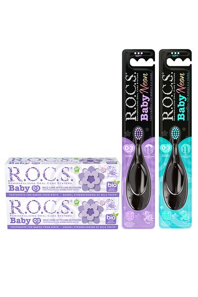 R.O.C.S. 0-3 Years Baby Linden Essence Tooth Set - 2 Pasten and 2 Brushes Turquoise-Purple