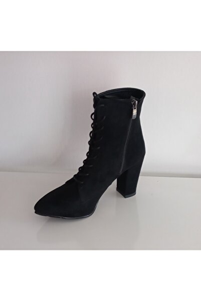 Bercestespor Siyah Süet Saknuk Ipli Fermuarlı 8,5 Cm Topuk Boyu Kadın Botu