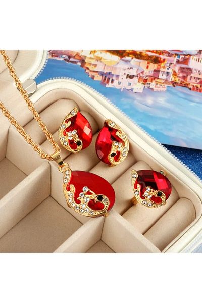 Takıtolia Victorian African Crystal Red Stoned Gold Water Drop Necklace Earrings Ring Wedding Gift Jewelry Set