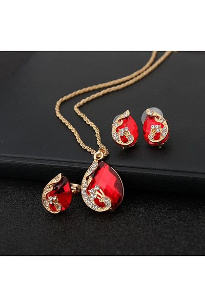 Takıtolia Victorian African Crystal Red Stoned Gold Water Drop Necklace Earrings Ring Wedding Gift Jewelry Set