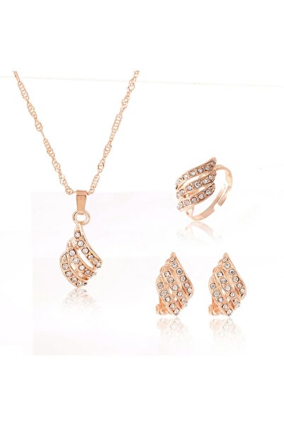 Takıtolia Amore Kristal Taşlı Kolye Küpe Yüzük Gelin Düğün Hediye Moda Rose T...