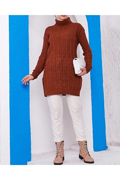 Genel Markalar Selanik Örgülü Boğazlı Taba Triko Kazak