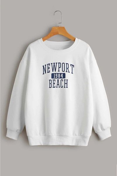 MODAGEN Unisex White Newport Beach 1984 Printed Crew Neck Oversize Sweatsirt