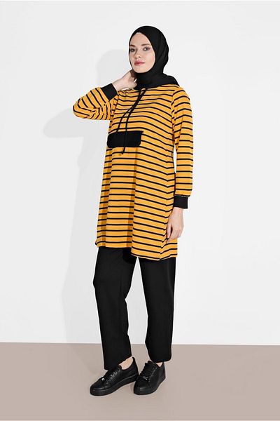 TRENDTESETTÜR Women's Yellow Striped Hooded Tracksuit 2426
