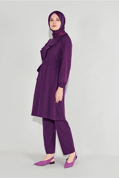 TRENDTESETTÜR Women's Purple Frilly Belted Trousers Set 0136