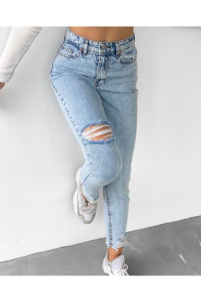 ZF BUTİK Vysoký pas roztrhaný Detailní Mom Jean