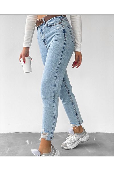 ZF BUTİK Vysoký pas roztrhaný Detailní Mom Jean