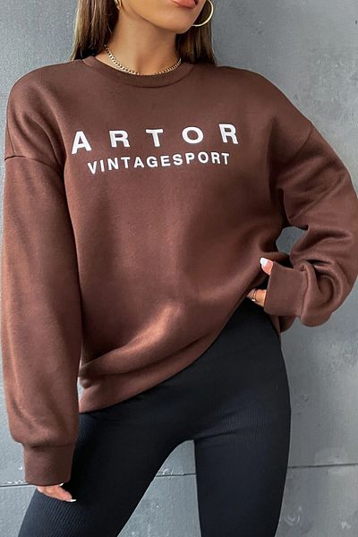 MODAGEN Unisex καφέ φούτερ Artor Vintagesport με στάμπα με λαιμόκοψη