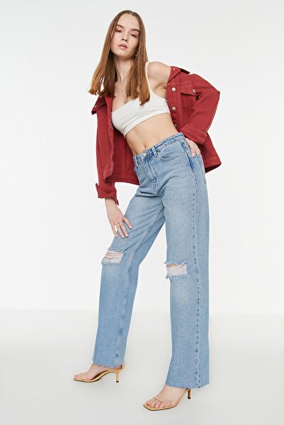 Trendyol Collection Modré roztrhané džíny s širokým pasem TWOAW21JE0539