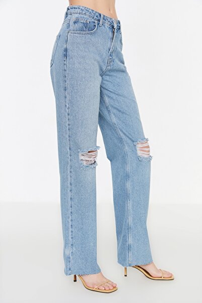 Trendyol Collection Modré roztrhané džíny s širokým pasem TWOAW21JE0539