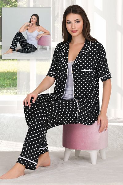 Jenny Daphne Set de pijamale 3 piese cu mâneci scurte din material de viscoză cu buline, cu cămașă și bretele 20000