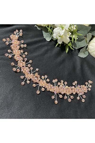 Genel Markalar Pembe Kristal Taşlı Nişan, Kına, Düğün Saç Aksesuarı, Gelin Tacı