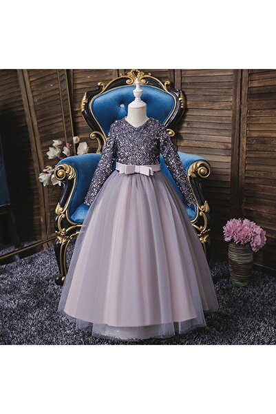 Mashotrend Gri Zara Payetli Çocuk Abiye - Kız Çocuk Elbise - Kız Çocuk Balo Elbise - Noel Elbise