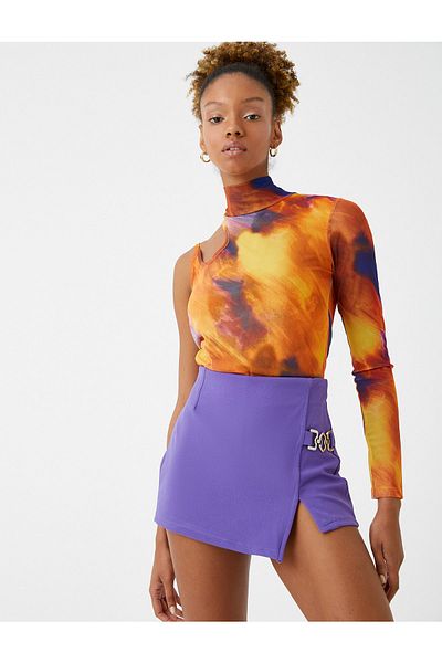 Koton Crop-T-Shirt, One-Shoulder-Langarm, Fensterdetail