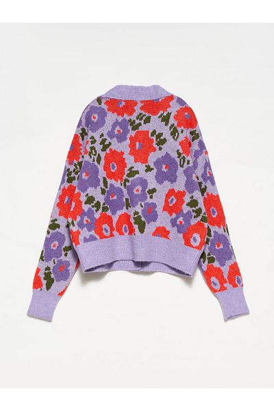 Dilvin 1246 V-neck Floral Patterned Knitwear Cardigan-lavender