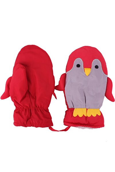 İşnar Çocuk Kar Eldiven Penguen 2-3-4 Yaş Parmaksız Kırmızı Gri Model 012450-352104