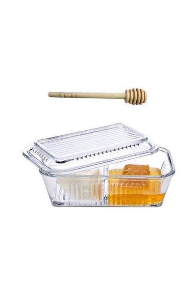 Paşabahçe Storage Container with Refrigerated Compartment, Jam Bowl, Honey Bowl, Breakfast Bowl + Baran Wooden Honey Spoon (daldız)