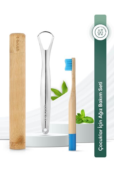 TBRUSH Blue Bamboo Toothbrush - Soft (soft) + Stainless Steel Tongue Cleaner + Toothbrush Cup