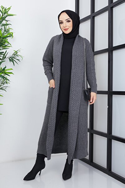 Pamuk Butik Γυναικείο γιακά με σάλι ανθρακί πλεκτό Λεπτομερές πλεκτό ζακέτα τσέπης