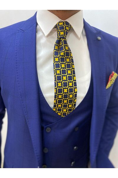 Sarar Interview Woven Plaid Navy Blue Vest Slim Fit Suit