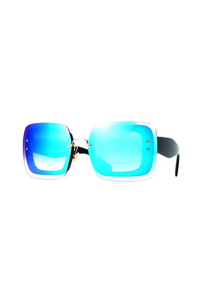 Angel Eyes Women's Sunglasses Rectangular Design Black Frame Blue Mirrored Glass