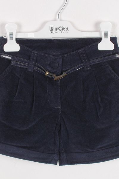 incity Girl's Navy Blue Corduroy Shorts with Belt Detail
