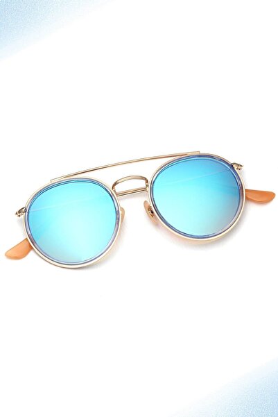 Angel Eyes Women's Sunglasses Round Design Gold Frame Blue Mirrored Glass