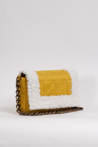 Çantacımstore Women's Faux Wool Detailed Quilted Thick Suede Shoulder Bag Yellow