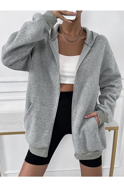 Mad&Calf Hanorac oversize cu glugă cu fermoar pentru femei