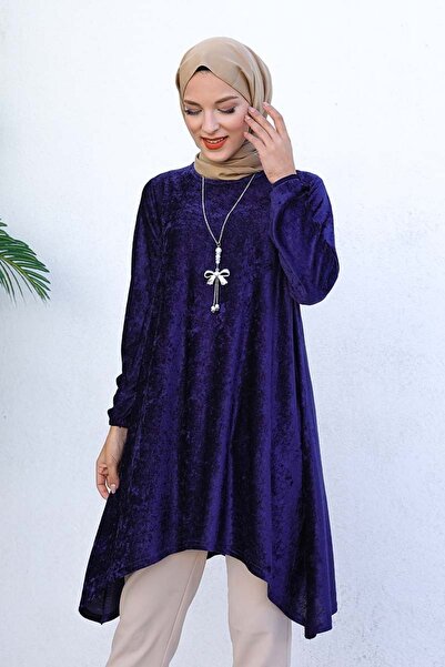 Genel Markalar Asimetrik Model Kadife Tunik Lacivert