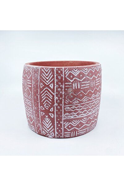 MF Botanik Etnik Desen Yuvarlak Dekoratif Saksı 17x14.5 Cm Bordo Renk