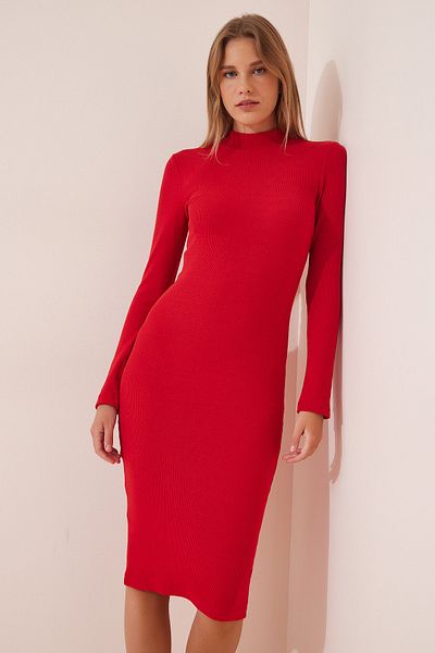 Happiness İstanbul Women's Red Turtleneck Lycra Corded Knitted Dress GT00208