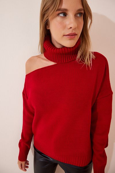 Happiness İstanbul Roter Rollkragenpullover mit Cut-Out-Details für Damen PN00068