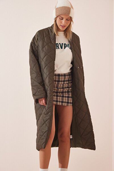 Happiness İstanbul Dámský khaki šálový límec oversize prošívaný kabát HM00053